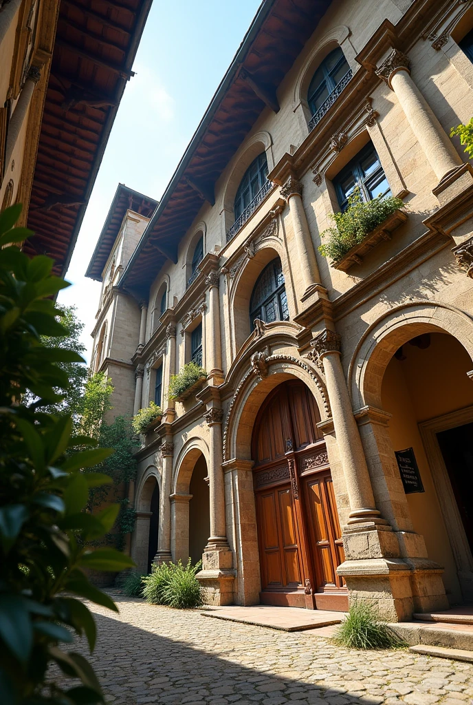 An intricately designed medieval house in the Italian Renaissance style, viewed from a low angle, looking up. The house features ornate stone arches, large wooden doors, and detailed windows with ironwork. The roof is steep with terracotta tiles, and the facade is adorned with carved stonework and decorative columns. The perspective emphasizes the grandeur of the architecture, with the viewer's gaze directed upward, capturing the imposing height and detailed craftsmanship of the building. Surrounding the house, there are cobblestone paths and lush greenery that complement the historical ambiance