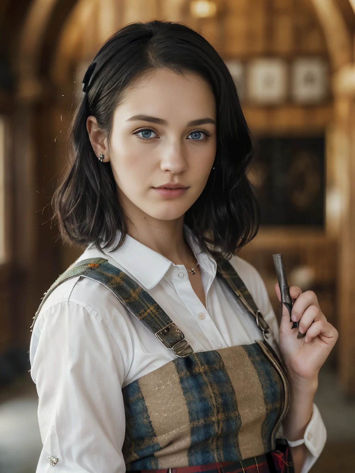 (1 boy and 1 girl is existence) ((1 girl name is Catherine ,25age) ,( 1 boy name is Henry ,18 age, black hair, ) ),with stand on ground, Scotland-Yard house, looking at viewer, Scottish woman, 25years-old, (blond hair , blue eye, shot cut, serious),A beautiful Scottish woman wearing traditional Highland dress, including a tartan kilt and accessories like a sporran and sash, ((super detail, high details, high quality, accurate, anatomically correct, textured skin, beautiful fingers super detail, high details, high quality, best quality))