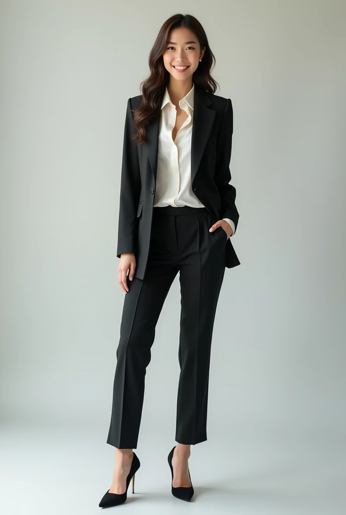 Create a full-body image of an 18-year-old Asian businesswoman. She is dressed in a stylish blazer that is slightly revealing, wearing high heels, exuding a sense of youthfulness and success, smile
