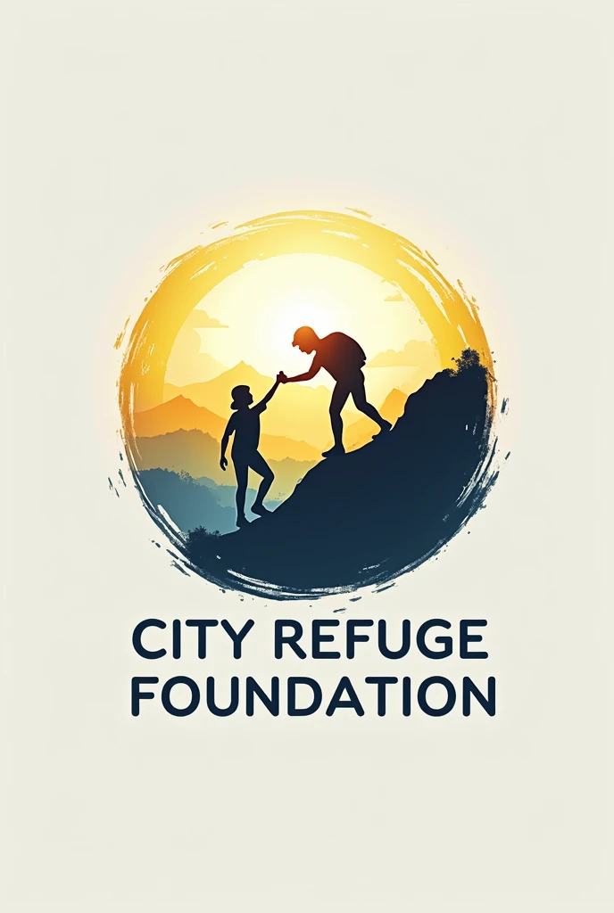 Logo that says &quot;City Refuge Foundation&quot; with a silhouette of a person helping another person to climb a mountain that is inside a half-finished house. With yellow and blue colors, round with luminous edges.