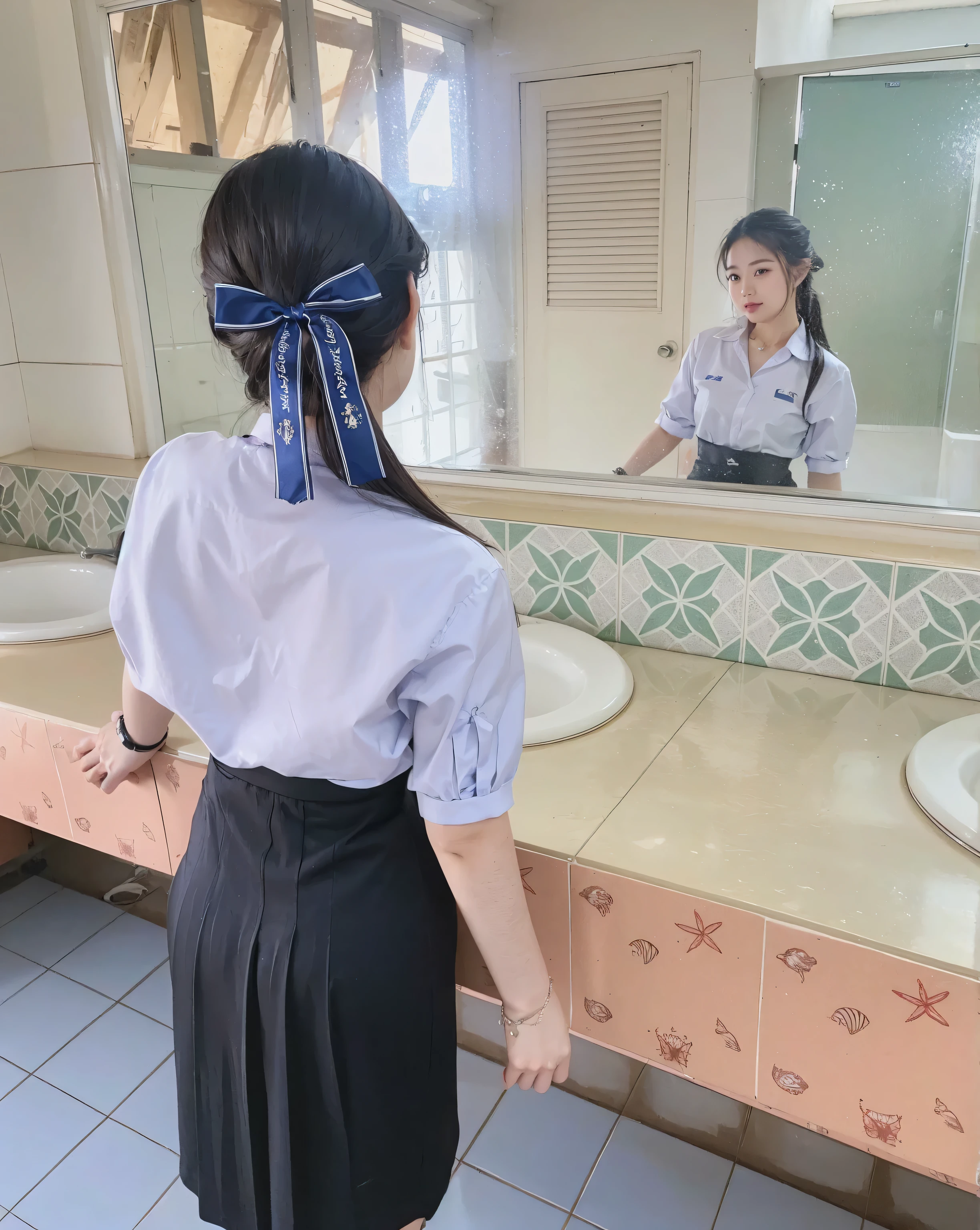 best quality, 8k, highly detailed face and skin texture, big booty long hair asian girl in blue short latex dress at balcony with sea view, looking at viewer, back view, sharp focus