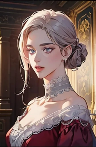 a scared victorian era woman in her early 30's wearing sexy red gown, cleavage, elegant updo, ballroom, straight white medium-length hair, striking purple eyes, detailed realistic portrait, photorealistic, hyperrealistic, 8k, detailed clothing, beautiful detailed eyes, beautiful detailed lips, extremely detailed face, intricate ornate details, cinematic lighting, dramatic shadows, cool color tones, indoor lighting, highly detailed, masterpiece, artstation, sharp focus, hyper detailed, half body