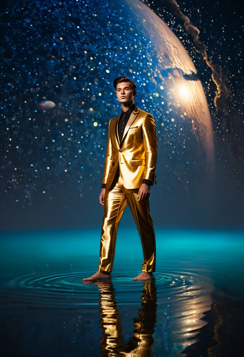 As you gaze upon this image, expect to be transported into a world bathed in the hues of the setting sun, its illumination casting a soft glow upon surreal waters. Occupying this cosmic vista is a figure exuding both modern glamour and timeless sophistication. Their attire, a metallic gold suit, clings to the silhouette, its contours thriving with an intricate perception of celestial bodies and organic phenomena. It’s a sartorial masterpiece that echoes the cosmic wonder unfolding around it. The figure stands against an ethereal backdrop, leaving one on the border of fantasy and reality. The surreal dream-scape is painted with an artist's touch, where calm waters reflect the sky in a dance of color and pattern. It's as if the universe is replicated in still water, creating a mirror reflection of mysteries beyond our grasp. In the distance, an additional figure finds presence. Their style and stance resonate with the main subject, contributing discreetly yet powerfully to the otherworldly atmosphere. Together, they seem to share an unspoken story, adding depth and inviting intrigue to an already captivating narrative. This scene, brought to life through DALL-E 3, resonates with surreal tranquility and celestial allure. The interplay of warm hues, the echoed cosmos in the attire, and the mirror-like water create an immersive narrative, making this image a deserving contender for an award-winning masterpiece. It commands attention; it invites wonder; it superbly balances the unreal with striking aesthetics—proving, once again, the potent magic of fashion and its narrative told through art.