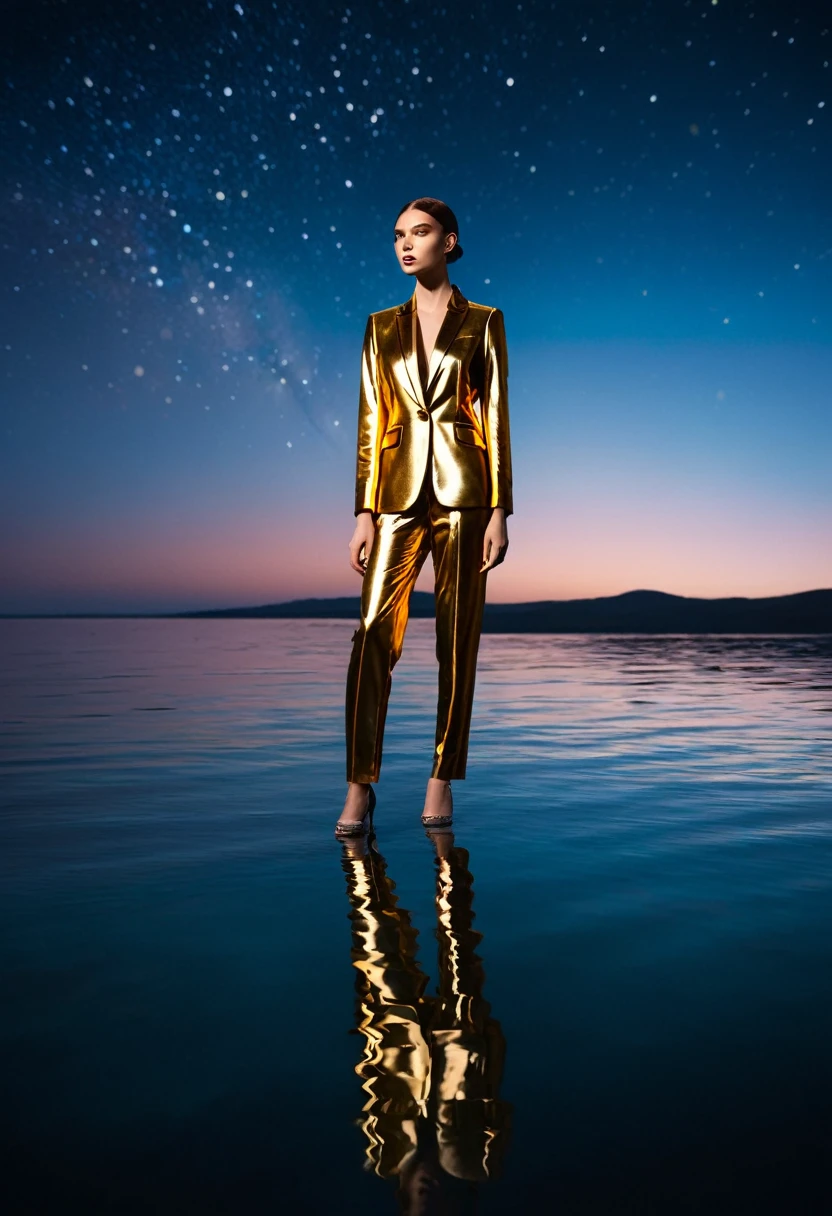 As you gaze upon this image, expect to be transported into a world bathed in the hues of the setting sun, its illumination casting a soft glow upon surreal waters. Occupying this cosmic vista is a figure exuding both modern glamour and timeless sophistication. Their attire, a metallic gold suit, clings to the silhouette, its contours thriving with an intricate perception of celestial bodies and organic phenomena. It’s a sartorial masterpiece that echoes the cosmic wonder unfolding around it. The figure stands against an ethereal backdrop, leaving one on the border of fantasy and reality. The surreal dream-scape is painted with an artist's touch, where calm waters reflect the sky in a dance of color and pattern. It's as if the universe is replicated in still water, creating a mirror reflection of mysteries beyond our grasp. In the distance, an additional figure finds presence. Their style and stance resonate with the main subject, contributing discreetly yet powerfully to the otherworldly atmosphere. Together, they seem to share an unspoken story, adding depth and inviting intrigue to an already captivating narrative. This scene, brought to life through DALL-E 3, resonates with surreal tranquility and celestial allure. The interplay of warm hues, the echoed cosmos in the attire, and the mirror-like water create an immersive narrative, making this image a deserving contender for an award-winning masterpiece. It commands attention; it invites wonder; it superbly balances the unreal with striking aesthetics—proving, once again, the potent magic of fashion and its narrative told through art.
