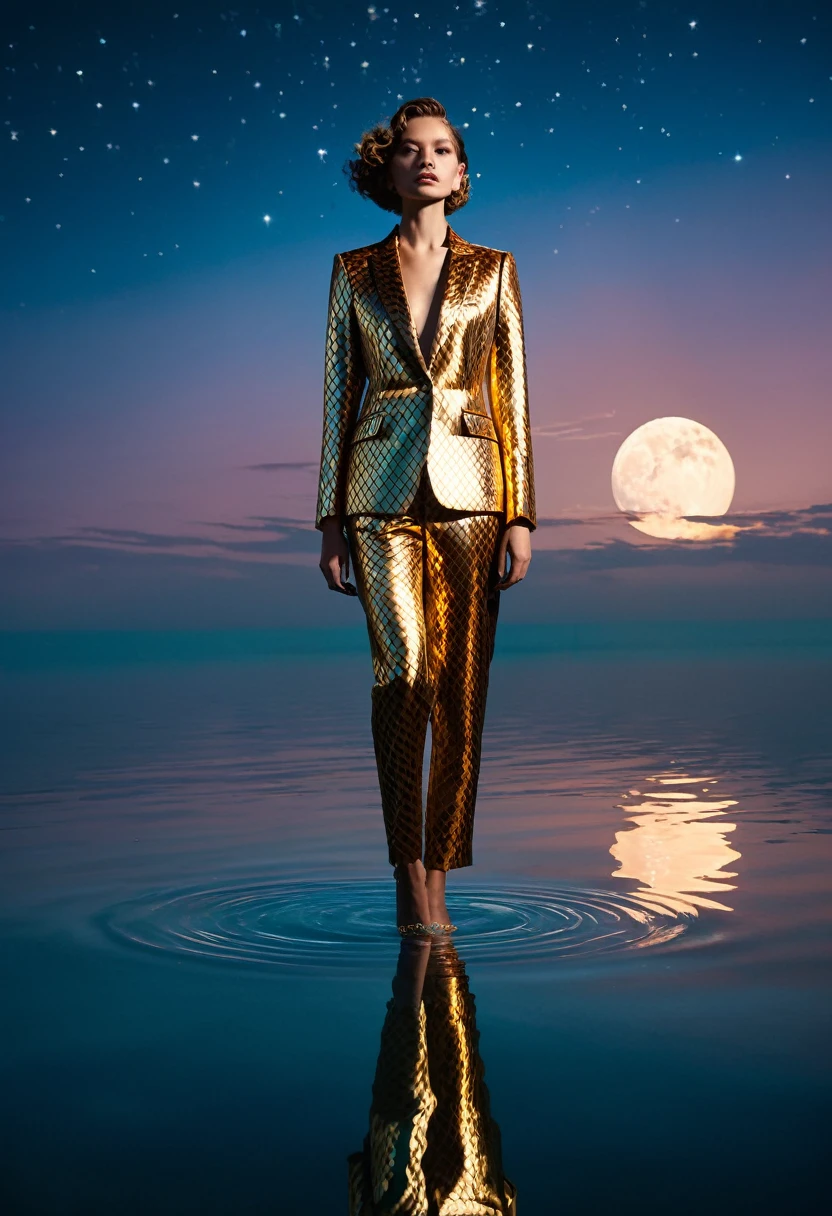 As you gaze upon this image, expect to be transported into a world bathed in the hues of the setting sun, its illumination casting a soft glow upon surreal waters. Occupying this cosmic vista is a figure exuding both modern glamour and timeless sophistication. Their attire, a metallic gold suit, clings to the silhouette, its contours thriving with an intricate perception of celestial bodies and organic phenomena. It’s a sartorial masterpiece that echoes the cosmic wonder unfolding around it. The figure stands against an ethereal backdrop, leaving one on the border of fantasy and reality. The surreal dream-scape is painted with an artist's touch, where calm waters reflect the sky in a dance of color and pattern. It's as if the universe is replicated in still water, creating a mirror reflection of mysteries beyond our grasp. In the distance, an additional figure finds presence. Their style and stance resonate with the main subject, contributing discreetly yet powerfully to the otherworldly atmosphere. Together, they seem to share an unspoken story, adding depth and inviting intrigue to an already captivating narrative. This scene, brought to life through DALL-E 3, resonates with surreal tranquility and celestial allure. The interplay of warm hues, the echoed cosmos in the attire, and the mirror-like water create an immersive narrative, making this image a deserving contender for an award-winning masterpiece. It commands attention; it invites wonder; it superbly balances the unreal with striking aesthetics—proving, once again, the potent magic of fashion and its narrative told through art.