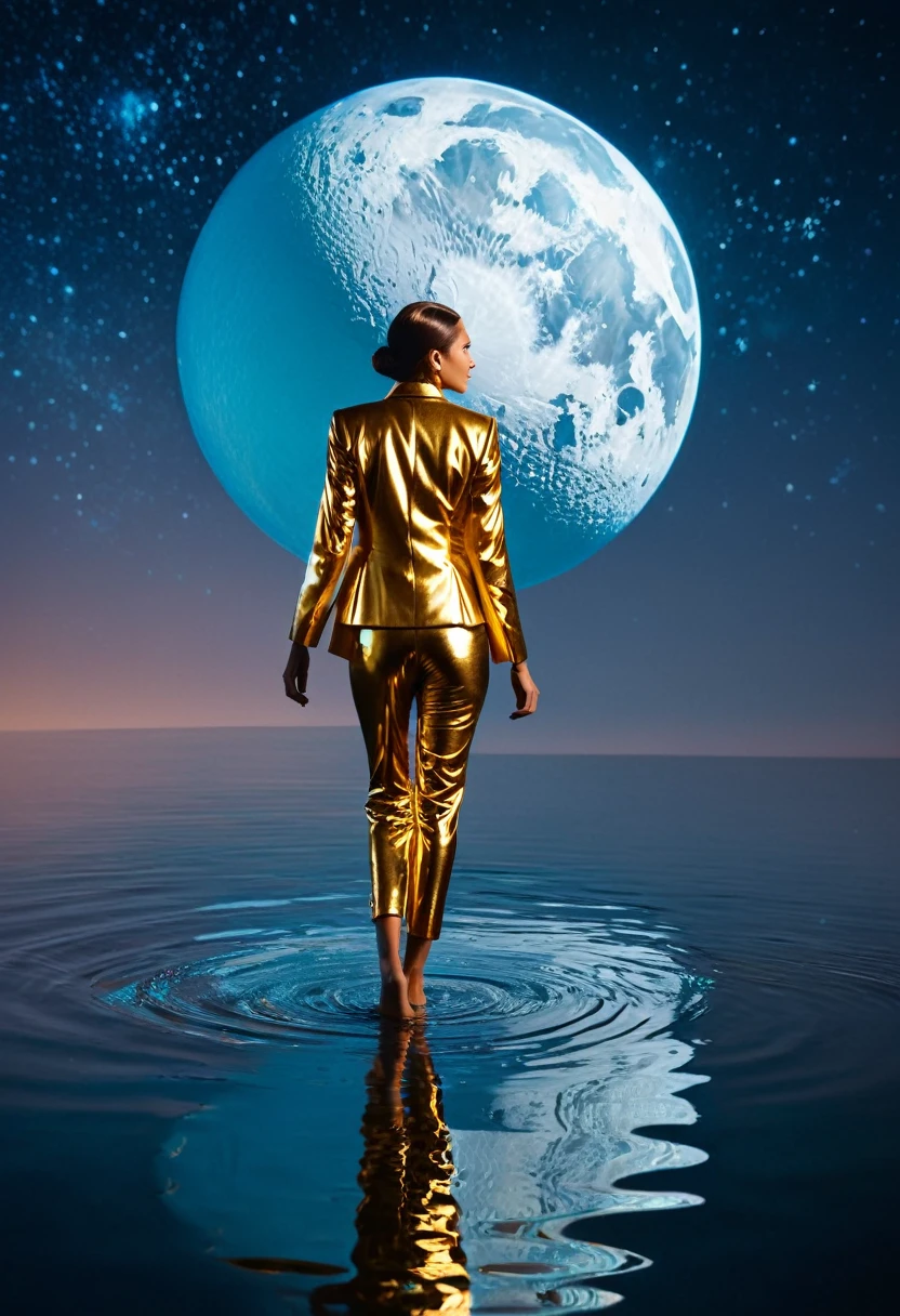 As you gaze upon this image, expect to be transported into a world bathed in the hues of the setting sun, its illumination casting a soft glow upon surreal waters. Occupying this cosmic vista is a figure exuding both modern glamour and timeless sophistication. Their attire, a metallic gold suit, clings to the silhouette, its contours thriving with an intricate perception of celestial bodies and organic phenomena. It’s a sartorial masterpiece that echoes the cosmic wonder unfolding around it. The figure stands against an ethereal backdrop, leaving one on the border of fantasy and reality. The surreal dream-scape is painted with an artist's touch, where calm waters reflect the sky in a dance of color and pattern. It's as if the universe is replicated in still water, creating a mirror reflection of mysteries beyond our grasp. In the distance, an additional figure finds presence. Their style and stance resonate with the main subject, contributing discreetly yet powerfully to the otherworldly atmosphere. Together, they seem to share an unspoken story, adding depth and inviting intrigue to an already captivating narrative. This scene, brought to life through DALL-E 3, resonates with surreal tranquility and celestial allure. The interplay of warm hues, the echoed cosmos in the attire, and the mirror-like water create an immersive narrative, making this image a deserving contender for an award-winning masterpiece. It commands attention; it invites wonder; it superbly balances the unreal with striking aesthetics—proving, once again, the potent magic of fashion and its narrative told through art.