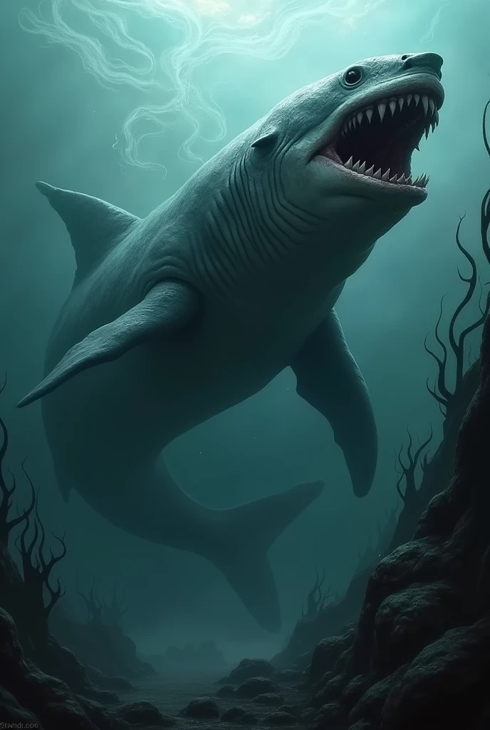 Mythical ,scary and horrible cross fusion of a whale and a shark with big scale and with big fangs and large fins also swimming under the ocean  with scary ocean background 