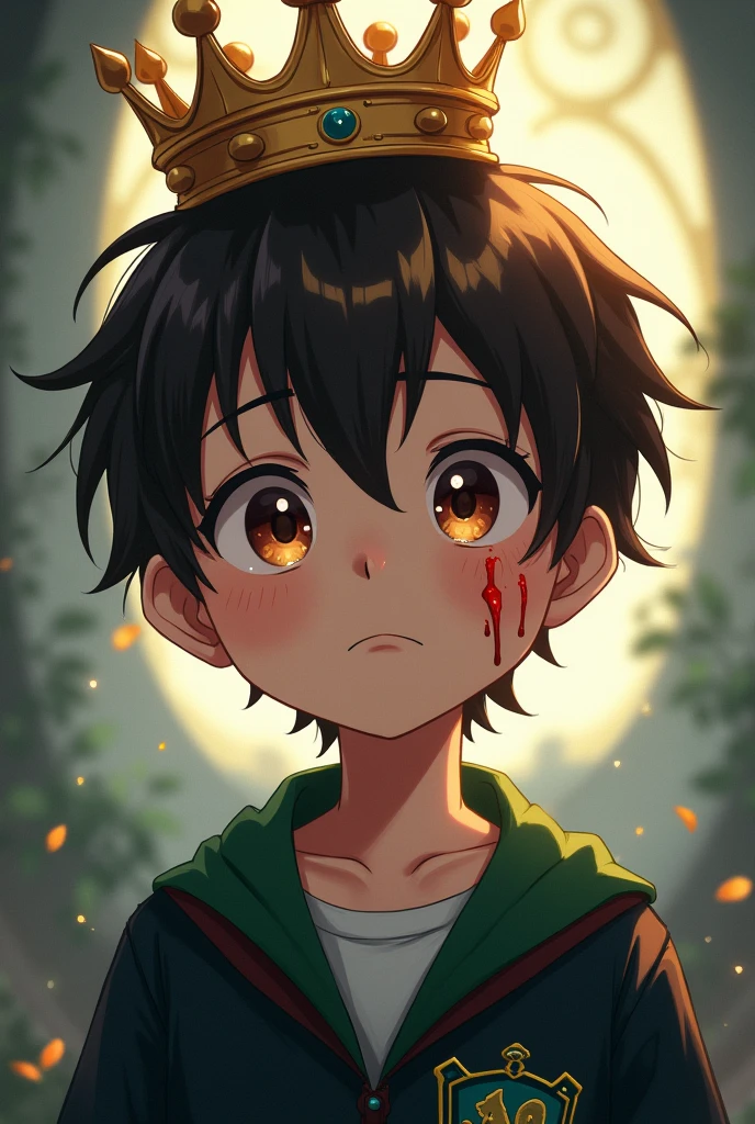 A boy with brown eyes and brown hair, with a golden crown, A little blood drips from his head as he smiles, with slytherin clothes in anime mode