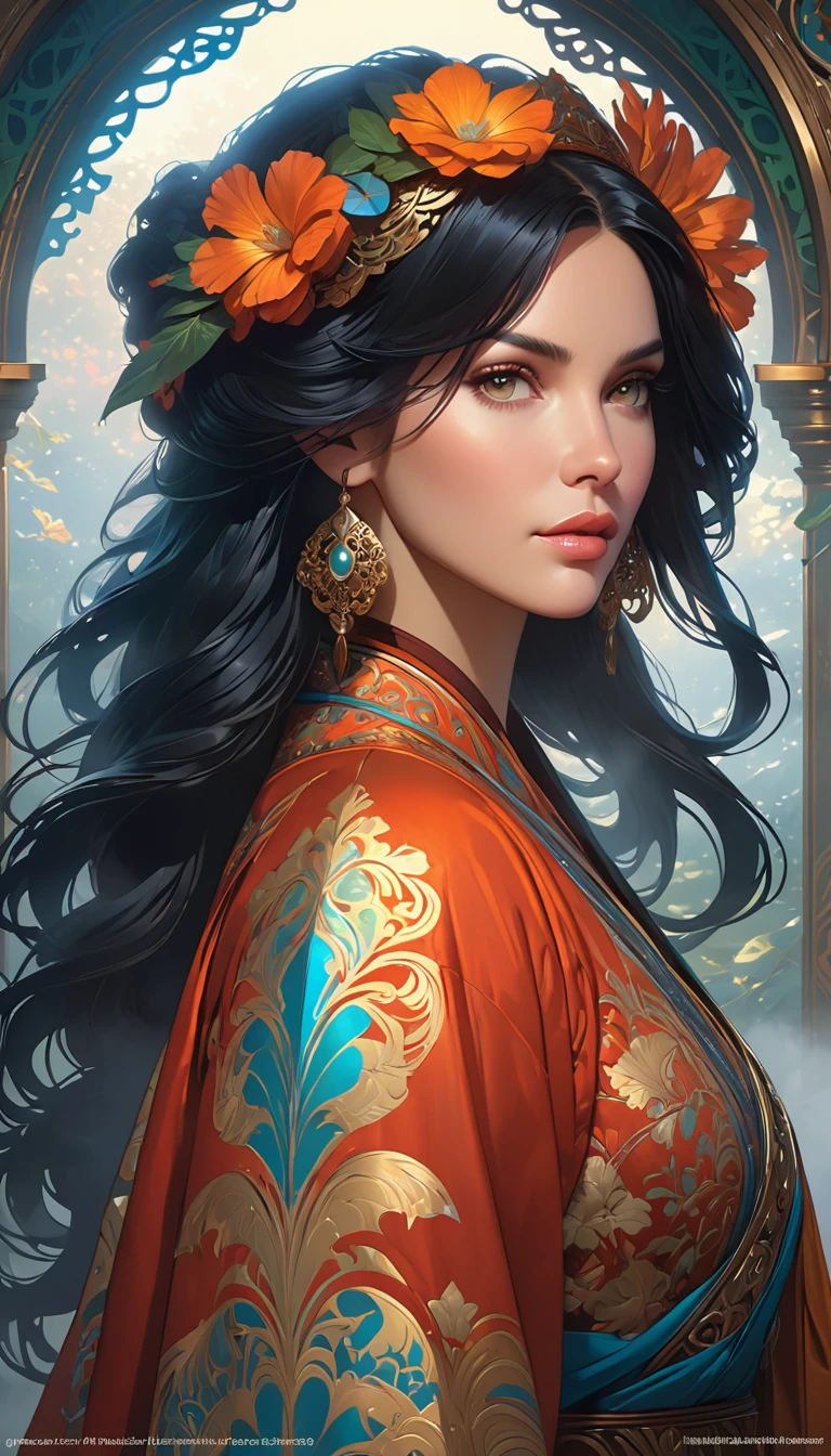 portrait of emb-rebecca with long black hair in fog, cinematic lighting, photorealistic, ornate, intricate, realistic, detailed, volumetric light and shadow intricate, elegant, highly detailed, digital painting, artstation, concept art, smooth, sharp focus, illustration, art by artgerm and greg rutkowski and alphonse mucha, super detailed