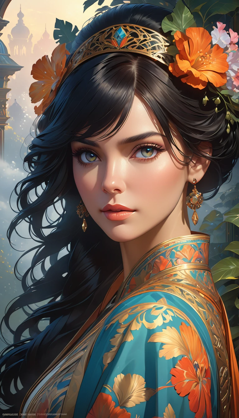 portrait of emb-rebecca with long black hair in fog, cinematic lighting, photorealistic, ornate, intricate, realistic, detailed, volumetric light and shadow intricate, elegant, highly detailed, digital painting, artstation, concept art, smooth, sharp focus, illustration, art by artgerm and greg rutkowski and alphonse mucha, super detailed