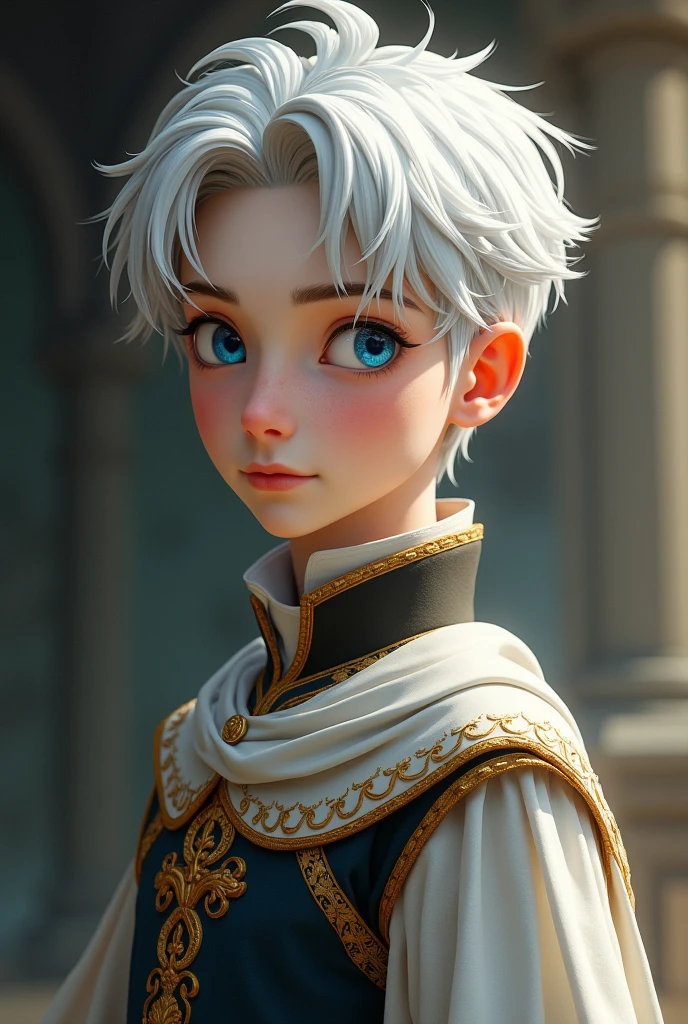  a faithful boy just to her, This boy is slanted and has blue eyes. , white hair and pale skin , Slim but fit body is a prince 