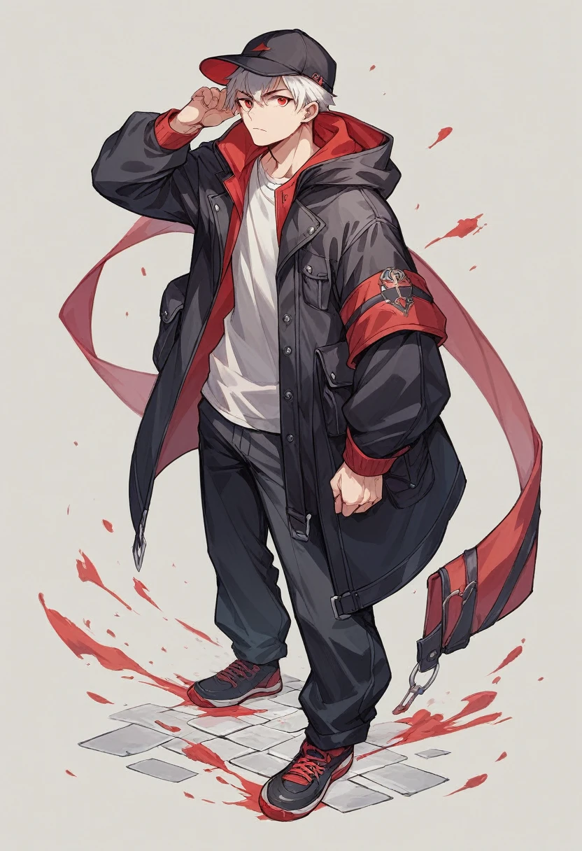 solo art leveling boy with black cap and red eyes full body wearing black jacket and black hood