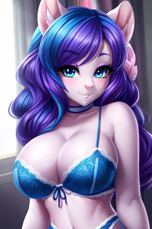 Flurry heart wearing blue lingerie, busty, small waist, blue eyes, purple and blue hair