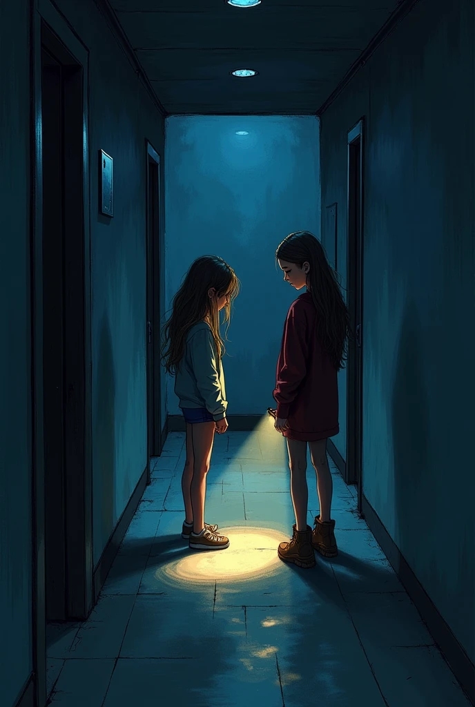 Sketch of a teenage girl in a dark hallway shining a flashlight with her best friend 

