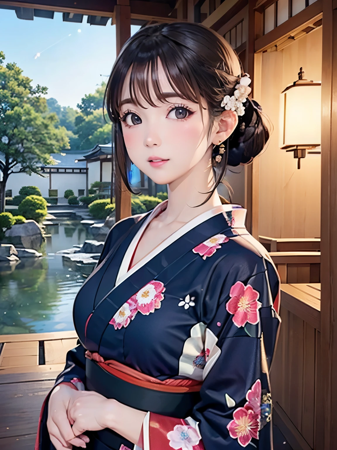 (Highest quality、 8k wallpaper、masterpiece、High resolution)、Vibrant colors、Ample breasts、Black hair in a Japanese round topknot、Brown-black bob、Beautiful girl in yukata、Vivid floral pattern、whole body、(Highly detailed face and eyes、Beautiful Face、Beautiful Eyes、Beautiful nose、Pretty lips)、A friendly gaze、above the knee shot、Highly detailed background、Japanese garden、moonlight、Full moon and starry sky、Official Art、