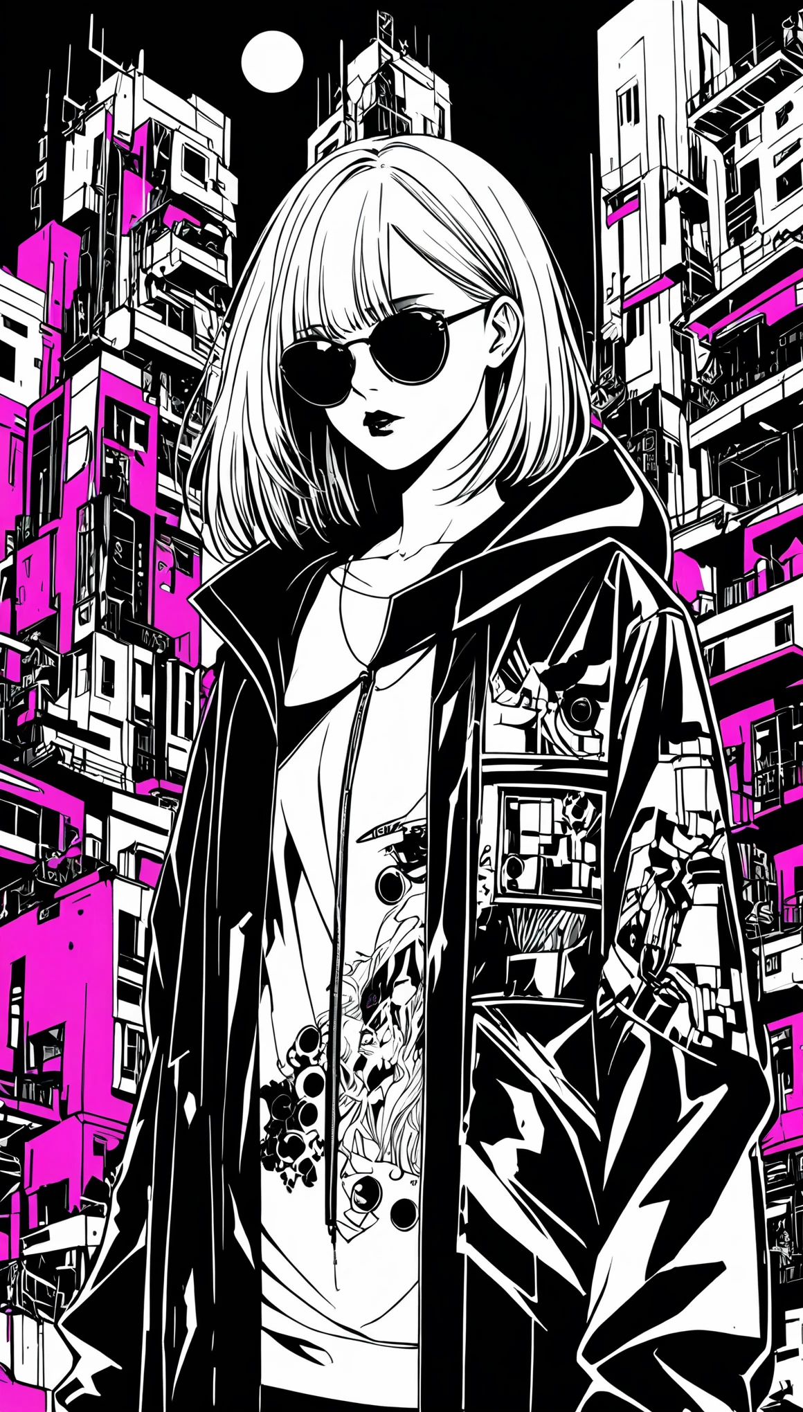 in style of Bradley K. McDevitt half body,1girl,death goth style,
long windbreaker,elegant,minimalist style,death style accessories,Silver hair,Hip-hop elements,With intense colors,Left side image monochrome,The right side of the picture is a colorful fusion of futuristic landscapes and buildings、A peculiar style of biomechanical surrealism and fantastic realism,