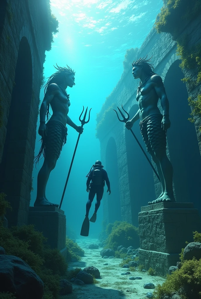 A diver swimming forward discovers the ruins of an ancient submerged city. Statues of sea tritons with tridents