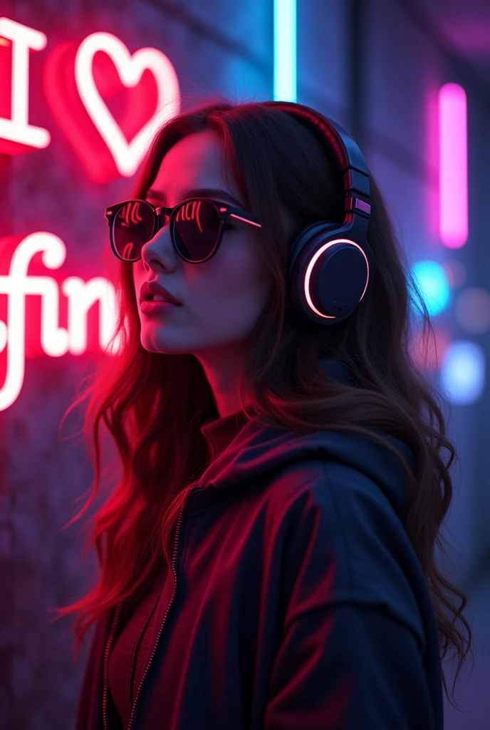 Brown hair . Beautiful Girl with Volumetric Hair and Sunglasses in Headphones - Headphone ,background,neon cyberpunk surrounding a dark room ,neon glow at night,In the room the sign glows and shimmers in neon light"I love infinity" Clearly visible,Anime style,Beautiful colors,Living picture,masterpiece,detailing,scale
