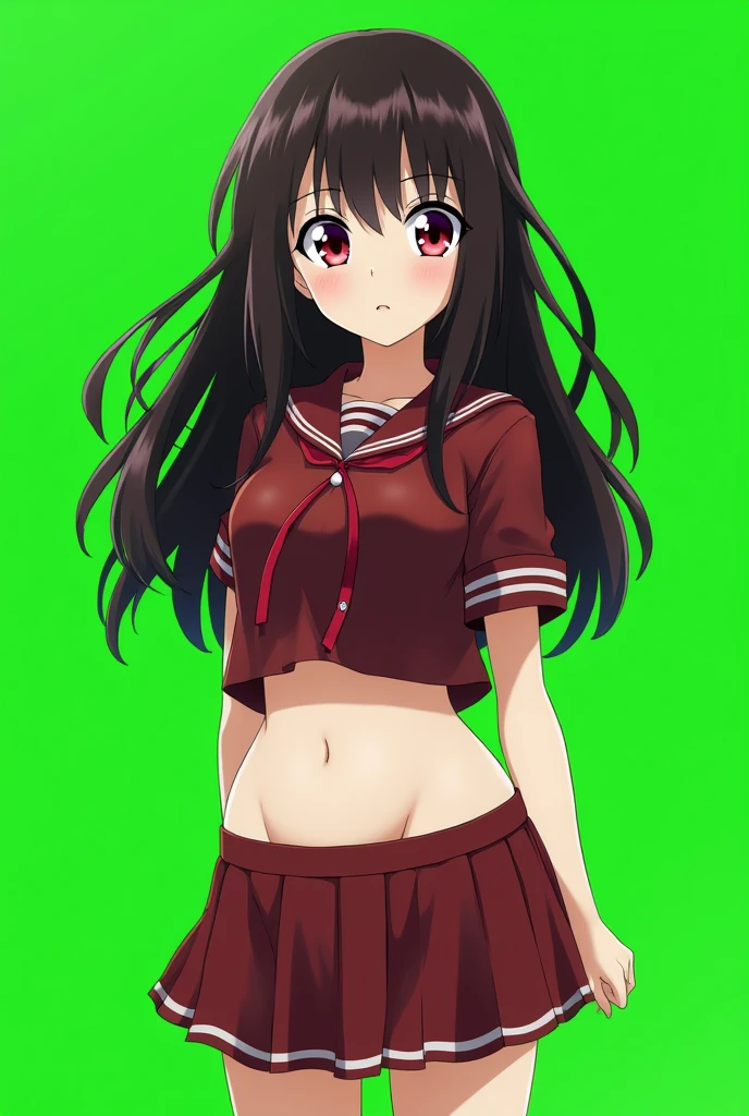 Female character from my hero academia (Dark brown hair (long), blood red eyes, little but noticeable fat in the abdomen, short girl in UA uniform, big eyes green background)