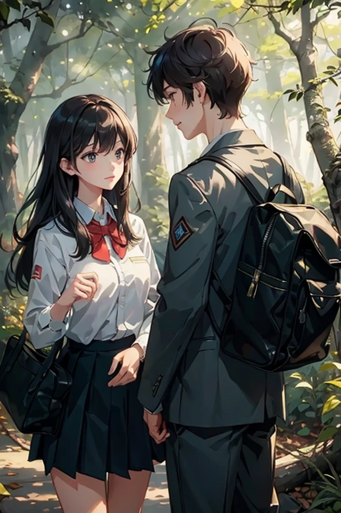 (masterpiece: 1.2, best quality), (Soft Light), Background forest, outdoor, Uniforms, Two people, explain