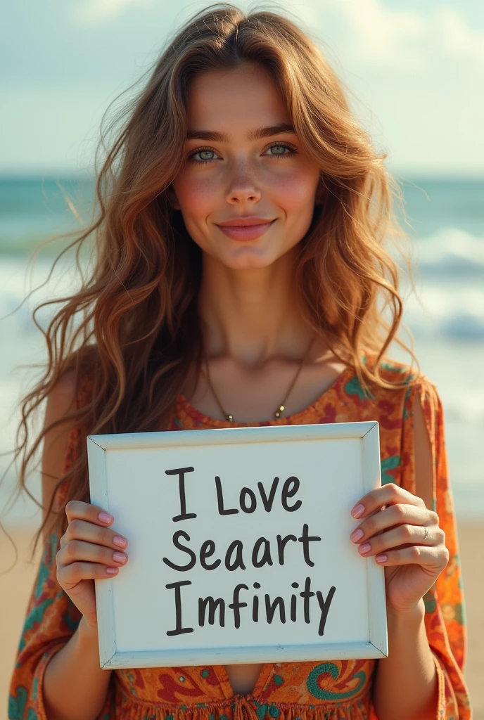 Beautiful girl with wavy long hair, bohemian dress, holding a white board with text "I Love Seaart Infinity" and showing it to the viewer