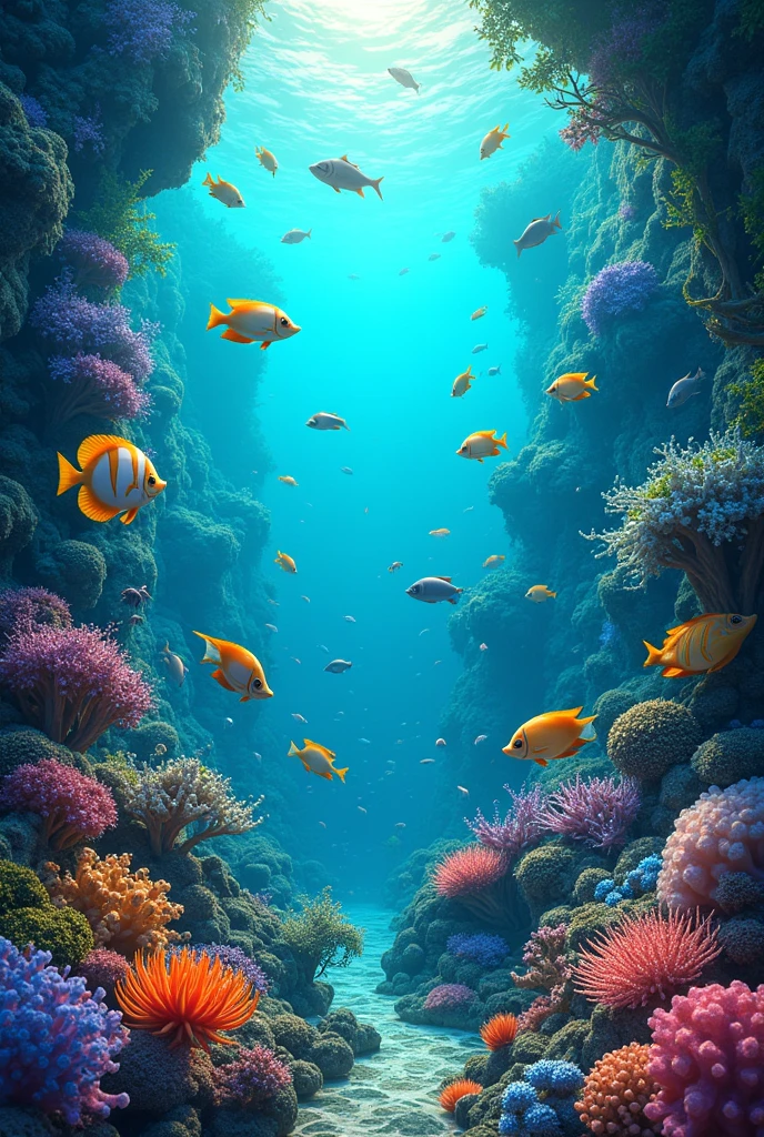 Colorful aquatic animals and plants under the ocean floor