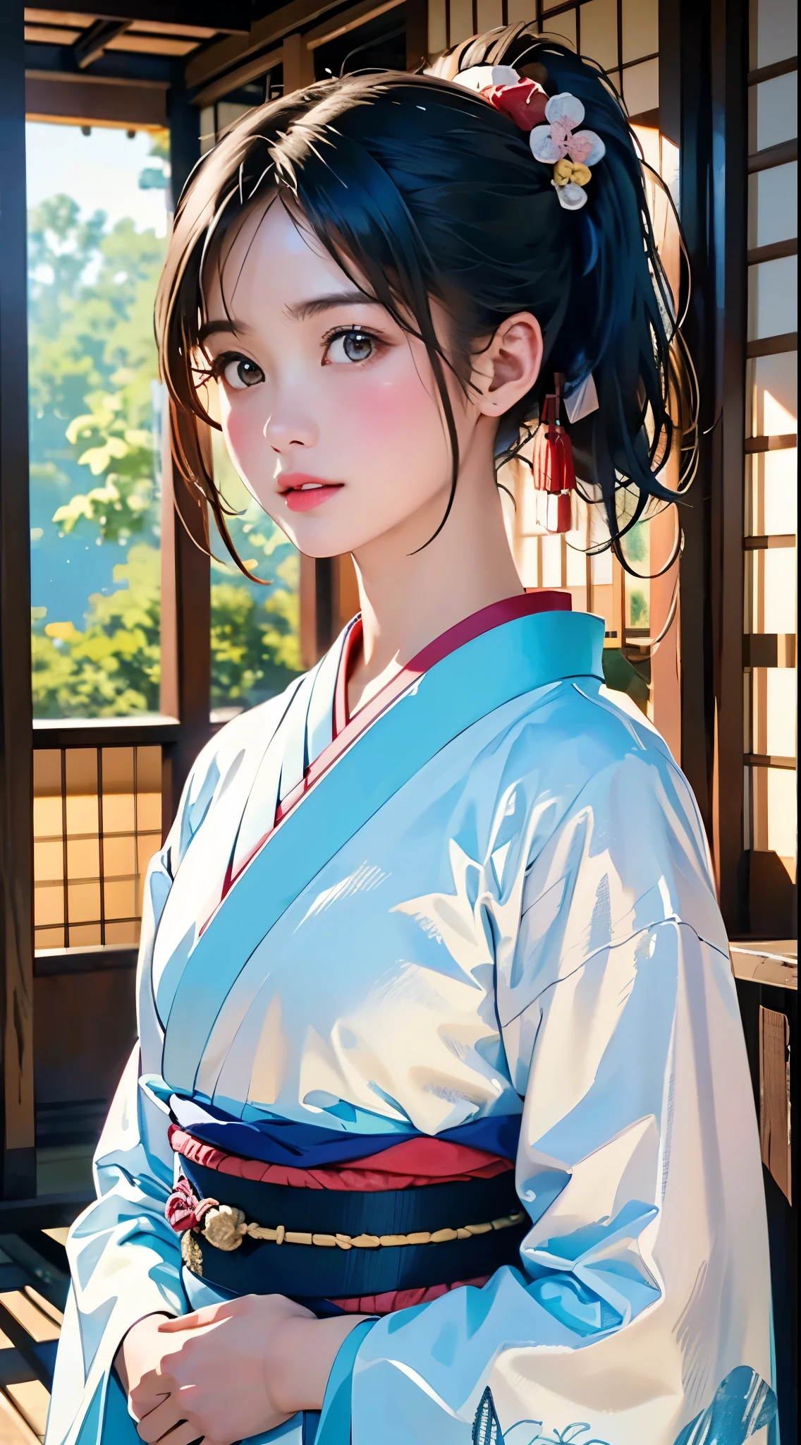 (highest quality、8k、32k、masterpiece)、(masterpiece,up to date,Exceptional:1.2), anime,One girl,Front hair,black_hair, Beautiful 8k eyes,Looking_in_Audience,One person in,Are standing,((Very beautiful woman, Fuller lips, Japanese pintern kimono))、((Colorful Japanese kimono)))、(((cowboy Shot)))、Blunt bung、(High resolution)、Very beautiful face and eyes、1 girl 、Round and small face、Narrow waist、delicine body、(highest quality high detail Rich skin details)、(highest quality、8k、Oil paints:1.2)、Very detailed、(Realistic、Realistic:1.37)、Bright colors、(((blackhair)))、(((Blunt bung,pony tail)))、(((cowboy pictures)))、((( Inside an old Japanese house with a (short focus lens:1.4),)))、(masterpiece, highest quality, highest quality, Official Art, beautifully、aesthetic:1.2), (One girl), Very detailedな,(Fractal Art:1.3),colorful,Most detailed,Sengoku period(High resolution)、Very beautiful face and eyes、1 girl 、Round and small face、Tight waist、Delicine body、(highest quality high detail Rich skin details)、(highest quality、8k、Oil paints:1.2)、(Realistic、Realistic:1.37)、Greg Rutkowski Written by Alphonse Mucha Ropp,short ,uchikake,nishijin ori,(realistic light and shadow), (real and delicate background),(muted colors, dim colors, soothing tones:1.3), low saturation, (hyperdetailed:1.2), (noir:0.4),drow,blurry_light_background, (vibrant color:1.2), cinematic lighting, ambient lighting,Single Shot,Shallow Focus,pink lip,blurry light background,
