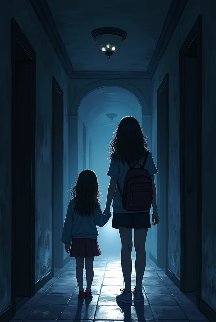 Sketch of a teenage girl in a dark hallway shining a flashlight with her best friend 

