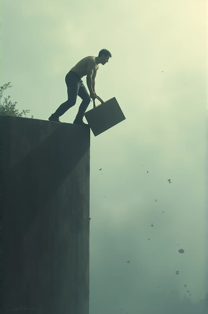 Man climbing an invisible inclined ramp with a block pushing 
