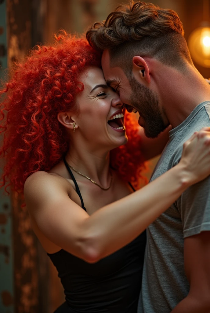 Red curly haired woman fighting and screaming with a handsome man