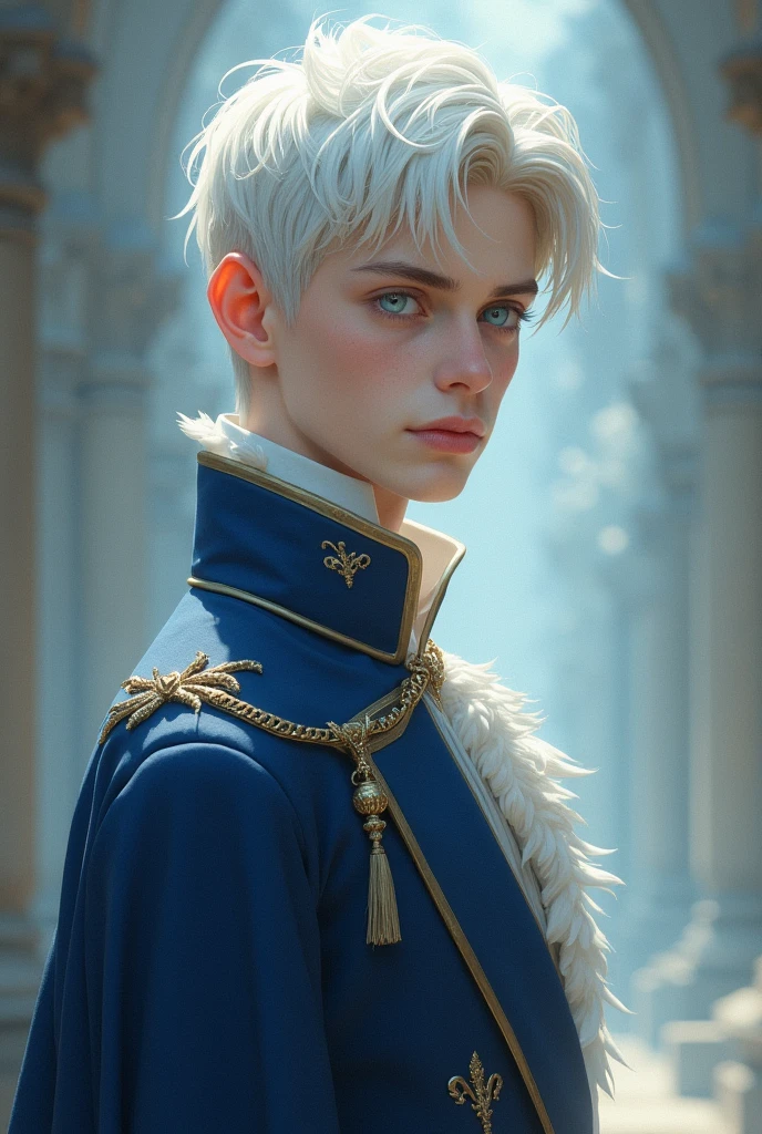 A man , This boy is slanted and has blue eyes. , white hair and pale skin , Slim but fit body is a prince 