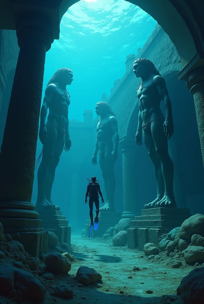 A diver swimming forward discovers the ruins of an ancient submerged city. Statues of sea tritons with tridents