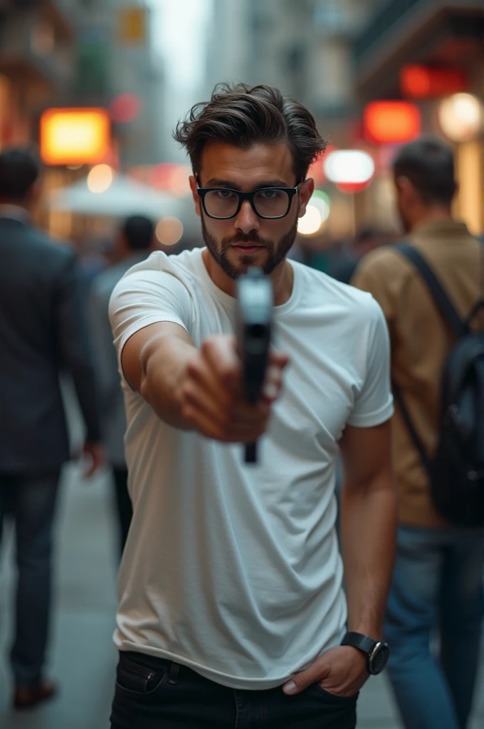 Ultra-high resolution, Attention to detail, Highest quality, A man wearing black-rimmed glasses and a white T-shirt stands with a gun pointed at the viewer.、The non-gun hand is in the pants pocket、Tense atmosphere、Background of the hustle and bustle、8k,