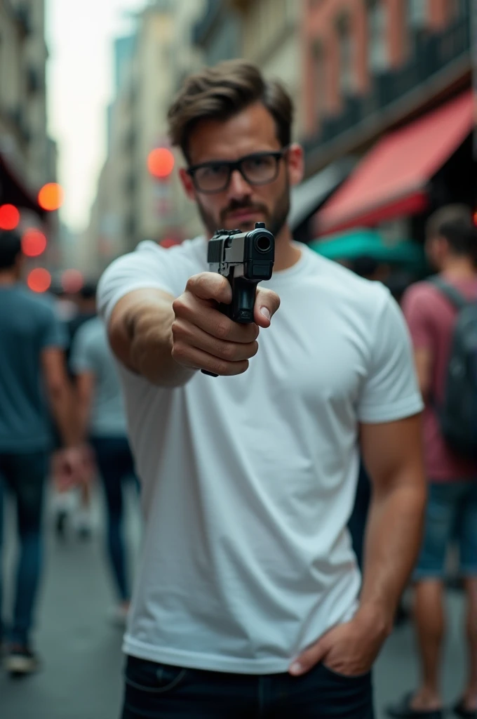 Ultra-high resolution, Attention to detail, Highest quality, A man wearing black-rimmed glasses and a white T-shirt stands with a gun pointed at the viewer.、The non-gun hand is in the pants pocket、Tense atmosphere、Background of the hustle and bustle、8k,