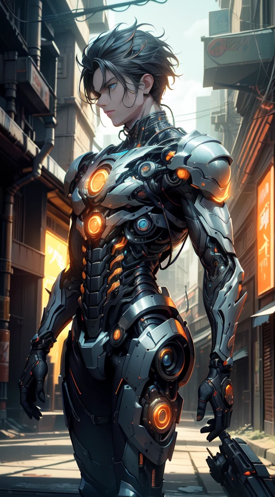 Masterpiece, full mechanical body, intricate details, advanced technology, Orange lightning, detailed armor, bionic enhancements, neon lights, vivid colors, contrasting shadows, Blue eyes, urban setting, nighttime backdrop, high contrast lighting, bold lines, blurring effects, ultra-realistic, 4k resolution, talking with animals, male cyborg, anime style