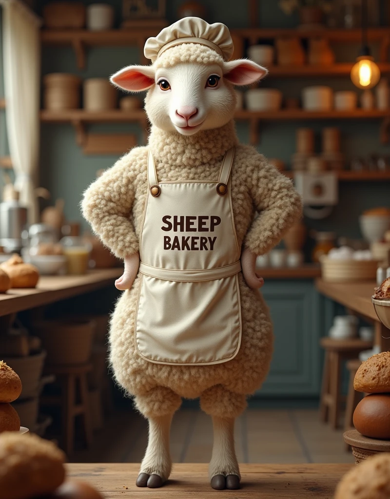 photorealistic portrait of Dressed animals-a ((fat)) (sheep) baker,(furry), (elegant pose:1.5), (hands on hips:1.5),(smile:1.5),high quality,(),(lovely) ,intricate details, Wearing baker's uniform , (apron and cap), highly detailed ((baker's uniform)) ,highly detailed  sneaker , (text "SHEEP BAAKERY" foreground:1.5)(happy), soft lighting,(full body image:2.0),in bakery shop background,