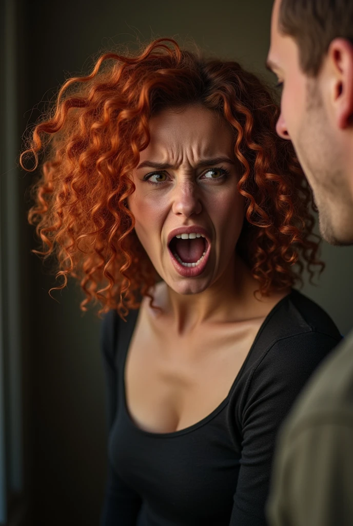 Angry curly red haired woman fighting and shouting with handsome man