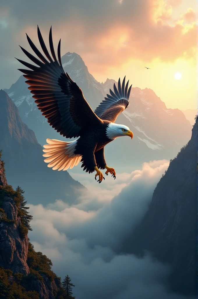 A majestic bald eagle soaring over a misty mountain range at sunrise, with the light reflecting off its wings.