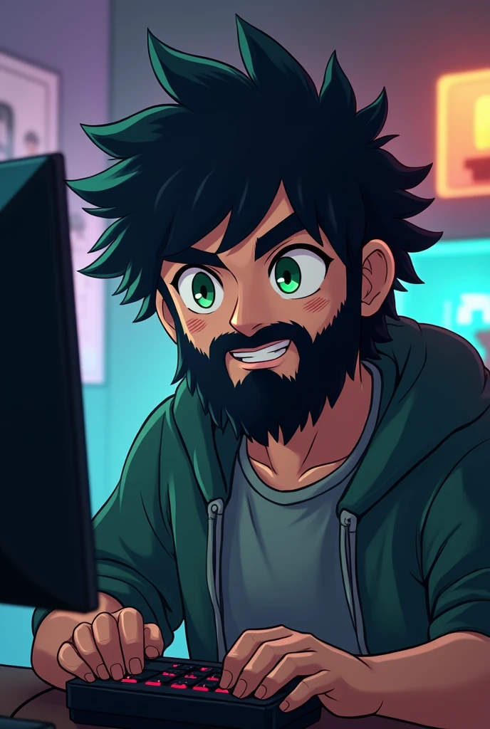 good looking plump boy with short frizzy black hair, full beard, green eyes, nerd, gamer, in front a computer, anime style