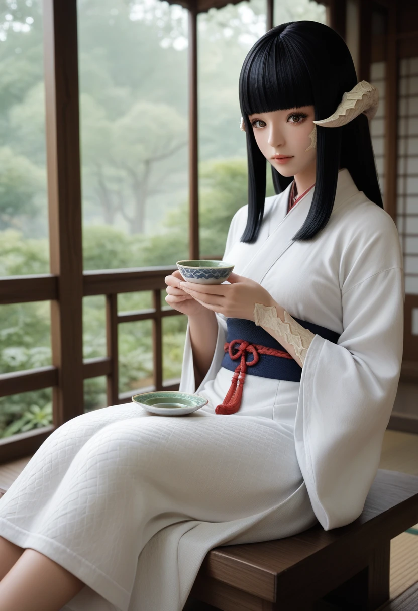 Masterpiece, Best Quality, 3D, 1girl, japanese, female, black hair, hime cut, brown eyes, white scales, au ra, raen, Final Fantasy XIV, sitting, japanese tea ceremony