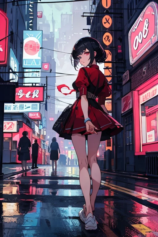 Better Quality, 4K Wallpaper, first work, Highly detailed CG uniform wallpaper 8k, Highly detailed eyes, Ultra-detailed, Intricate details, One girl, Retro art style, Neon Art Style_pop, public, Outdoor, road signs, city,Establishment of prostitutes behind,Adult,Black Hair,Iris Drawing a Heart,Red dress, Faire dress,Captivating look,Linda,Short dress,barefoot,White sneakers