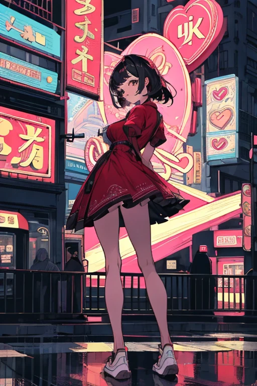 Better Quality, 4K Wallpaper, first work, Highly detailed CG uniform wallpaper 8k, Highly detailed eyes, Ultra-detailed, Intricate details, One girl, Retro art style, Neon Art Style_pop, public, Outdoor, road signs, city,Establishment of prostitutes behind,Adult,Black Hair,Iris Drawing a Heart,Red dress, Faire dress,Captivating look,Linda,Short dress,barefoot,White sneakers