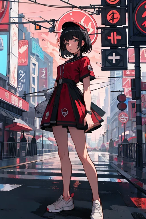 Better Quality, 4K Wallpaper, first work, Highly detailed CG uniform wallpaper 8k, Highly detailed eyes, Ultra-detailed, Intricate details, One girl, Retro art style, Neon Art Style_pop, public, Outdoor, road signs, city,Establishment of prostitutes behind,Adult,Black Hair,Iris Drawing a Heart,Red dress, Faire dress,Captivating look,Linda,Short dress,barefoot,White sneakers