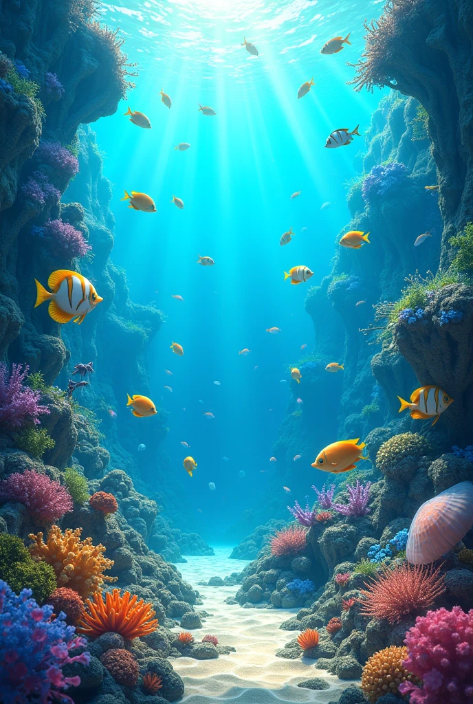 Aquatic plants and animals swimming on the lively ocean floor