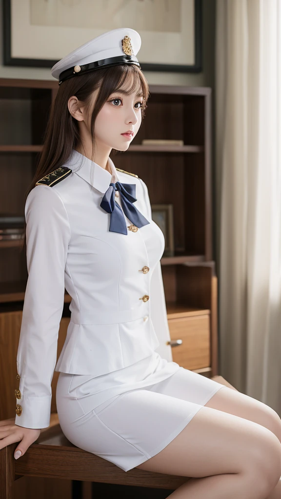Highest quality, Full body portrait, Delicate face, Beautiful Face, Big eyes: 1.1, compensate: 1.2, 25-year-old female, The body is slim, Small Bust, OL Uniform, Women's White Collar Uniform, Office Uniforms, Black Stockings, in 港, Are standing, Long Hair, nude, nude, nude