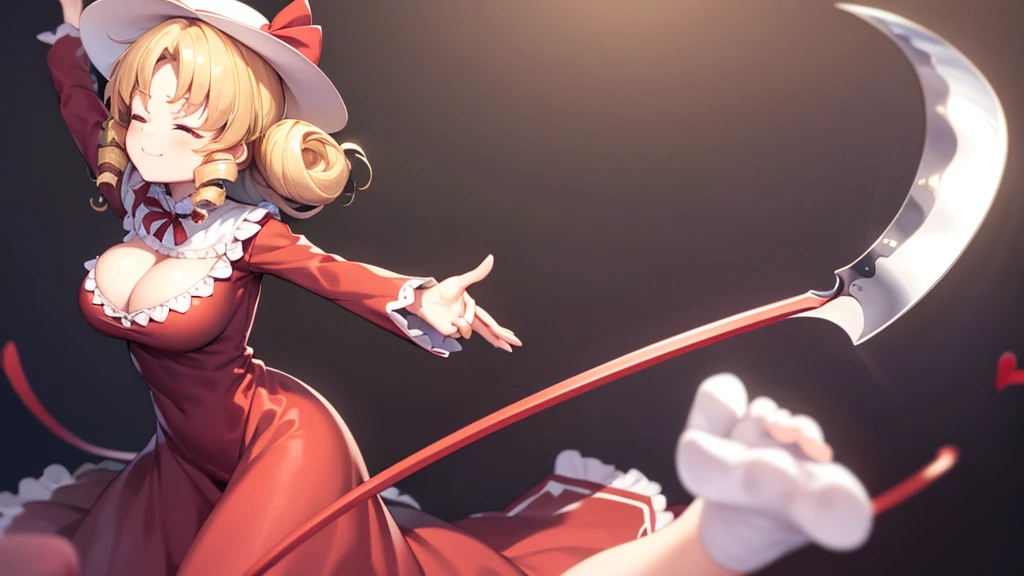 a drawing of an anime character in a red dress and boots with a large scythe, ((high end)), (UHD picture), (best quality,4k,8k,highres,masterpiece:1.2), top-quality(​masterpiece), top-quality, ultra-detailed, highly detailed texture, intricate details, high quality textures, masterpiece, best quality, perfect quality, perfect anatomy, perfect body, perfect symmetrical face, perfect hands, perfect feet, (two arms:1.2), (two legs:1.2), (five fingers each:1.2), (perfect joint:1.2), perfect joint movement, precise fingers and hands, 1 beautiful girl, 1 girl, alone, solo, , , (((loli))), ((cldish)), hat, white hat, blonde hair, long hair, parted bangs, drill hair, well-formed face, yellow eyes, maxi dress, red dress, dress, long sleeves, frills, long skirt, simple background, scythe, holding scythe, holding, white socks, smile, cute face, beautiful, holding scythe, from behind, to lift up one’s skirt, cowboy shot, from front, standing , raise one leg, crossed arms, arms up behind, arms behind back, hand between legs, put hands hip, one hand on hip, forward hands, arms raised in the air, punch hands, peace sign, waving, put up index finger, sit, lie down, closed eyes, lie face down, looking back, put one hand chest, leaning forward, cleavage, close up, horizontally outstretched arms, horizontally outstretched legs, front view, front face, huge breasts for short stature, cleavage is clearly visible ,G-Cup, heart hands