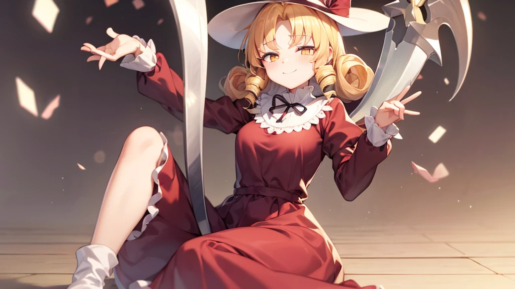 a drawing of an anime character in a red dress and boots with a large scythe, ((high end)), (UHD picture), (best quality,4k,8k,highres,masterpiece:1.2), top-quality(masterpiece), top-quality, ultra-detailed, highly detailed texture, intricate details, high quality textures, masterpiece, best quality, perfect quality, perfect anatomy, perfect body, perfect symmetrical face, perfect hands, perfect feet, (two arms:1.2), (two legs:1.2), (five fingers each:1.2), (perfect joint:1.2), perfect joint movement, precise fingers and hands, 1 beautiful girl, 1 girl, alone, solo, , 10 years old, (((loli))), ((childish)), hat, white hat, blonde hair, long hair, parted bangs, drill hair, well-formed face, yellow eyes, maxi dress, red dress, dress, long sleeves, frills, long skirt, simple background, scythe, holding scythe, holding, white socks, smile, cute face, beautiful, holding scythe, from behind, to lift up one’s skirt, cowboy shot, from front, standing , raise one leg, crossed arms, arms up behind, arms behind back, hand between legs, put hands hip, one hand on hip, forward hands, arms raised in the air, punch hands, peace sign, waving, put up index finger, sit, lie down, closed eyes, lie face down, looking back, put one hand chest, leaning forward, cleavage, close up, horizontally outstretched arms, horizontally outstretched legs, front view, front face, huge breasts for short stature, cleavage is clearly visible ,G-Cup, heart hands