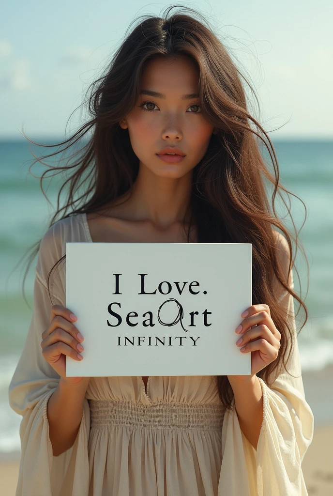 Beautiful girl with wavy long hair, bohemian dress, holding a white board with text "I Love Seaart Infinity" and showing it to the viewer