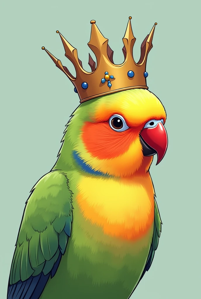create an anime-like image of a parakeet's head with a crown