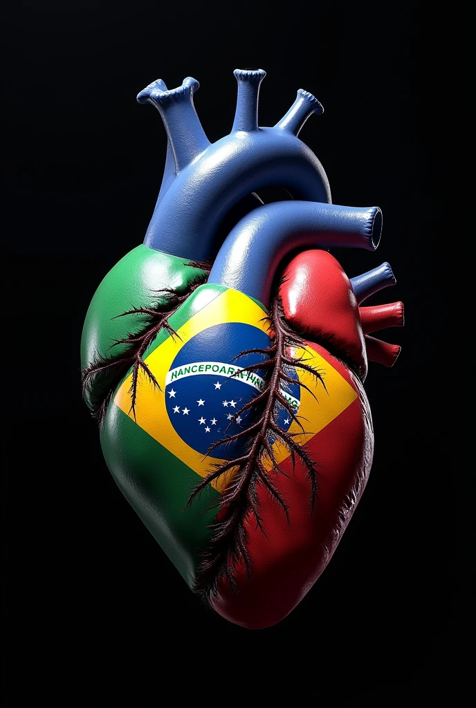 Real human heart with Brazilian colors as if it were the Brazilian flag painted on the heart with a black background with shadows